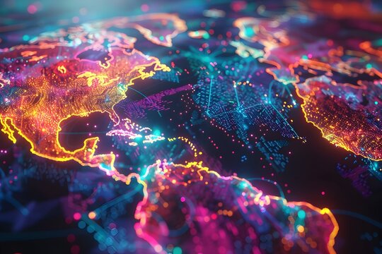 Glowing Nodes Illuminate the Vast Metaverse Reach in this World Map Digital Overlay