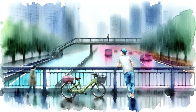 City Scene with Pedestrians on a Rainy Day Bridge