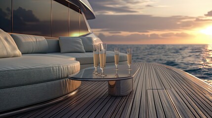 an uncovered sofa nestled on the aft deck of a superyacht, providing an unparalleled view of the Sea at sunrise, with the early morning sun casting a golden glow over the serene. - obrazy, fototapety, plakaty