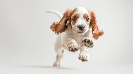 Playful Purity: Captivating Young English Cocker Spaniel at Play. Featuring a charming, white and brown English Cocker Spaniel puppy, this image is a masterpiece of motion and emotion.
