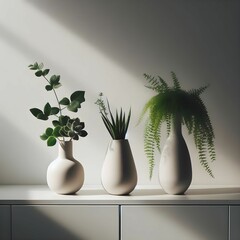Three vases plants shelf