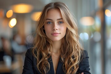 Obraz premium A professional young woman smiling subtly in an office-like setting with ambient lights