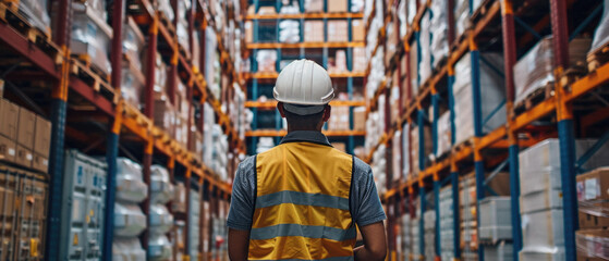 Fototapeta premium Male warehouse worker working in logistic commercial storage interior retail goods boxes supply. Man storehouse employee manager at work, distribution, industrial sorting and delivery.