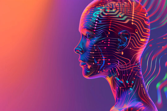 A vibrant digital illustration of a humanoid profile with neural network patterns in the head, symbolizing artificial intelligence