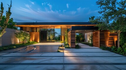 A contemporary gate exterior featuring innovative materials like glass and wood, geometric...