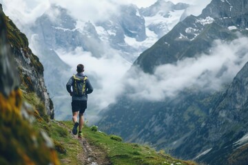 Fototapeta premium An athletic man runs along a solitary mountain trail, with the dramatic backdrop of towering peaks shrouded in mist, embodying the essence of solitude and endurance in nature's grandeur