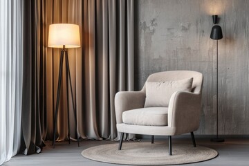 A tastefully designed space featuring a stylish beige armchair with a complementary lamp and luxurious drapes, exuding sophistication