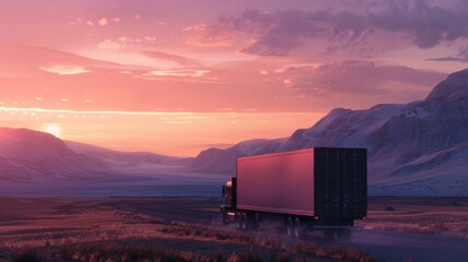 A cargo truck is captured in motion, driving through a picturesque landscape