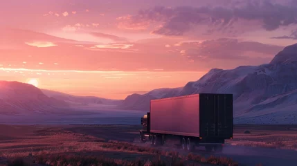 Rolgordijnen A cargo truck is captured in motion, driving through a picturesque landscape © Chingiz