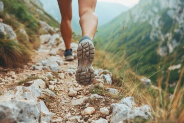 stock photo, Athletic woman running along a mountain trail, hiking concept, minimalistic --ar 3:2 --style raw Job ID: 01c45227-5668-4604-a991-a5efcbfafbd9