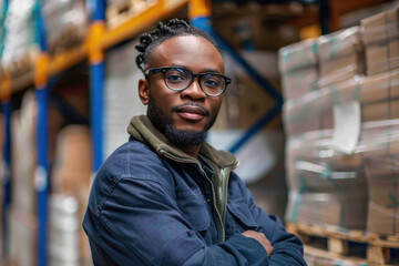 Male warehouse worker working in logistic commercial storage interior retail goods boxes supply. Man storehouse employee manager at work, distribution, industrial sorting and delivery.