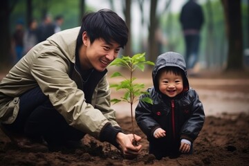 Happy father and son plant a tree in the park. Nature conservation concept