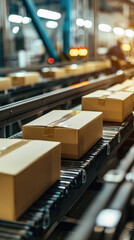 Cardboard box parcel on conveyor belt. Carton packages retail orders delivery, supply and distribution, cargo freight warehouse, factory and manufacturing business industry concept background.