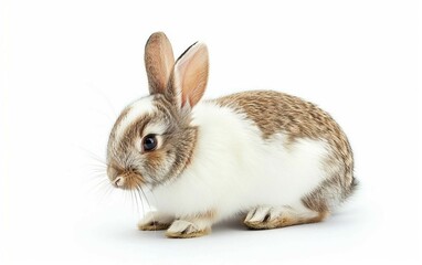 Feeding Time White and Brown Rabbit Isolated on White Background.