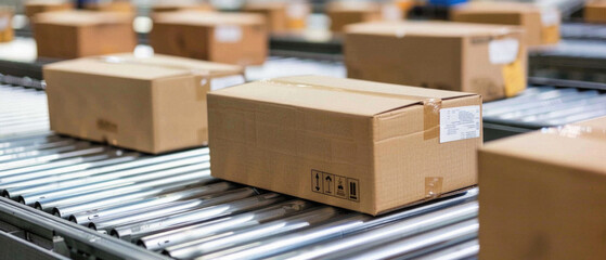 Cardboard box parcel on conveyor belt. Carton packages retail orders delivery, supply and distribution, cargo freight warehouse, factory and manufacturing business industry concept background.