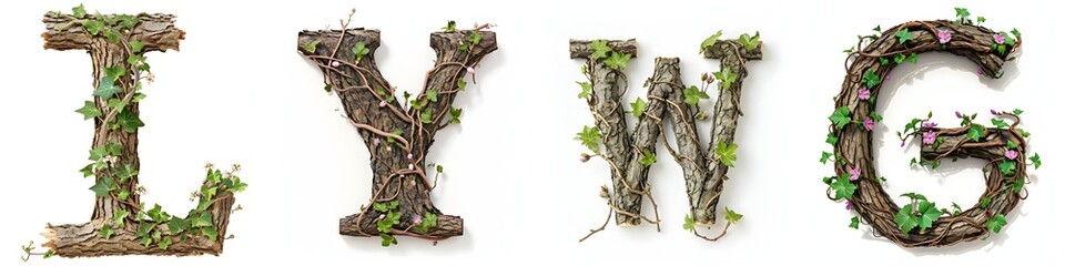 Alphabet letters L, Y, W, and G, made from branches and green leaves