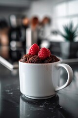 Side view of a mug with chocolate cake and raspberries in a kitchen