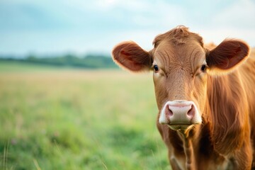 A close up of a brown calf with a white snout standing in a lush green field during sunset