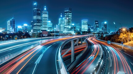 Obraz premium City at night, with its iconic skyline illuminated against a deep blue sky, featuring a bustling highway overpass adorned with motion-blurred cars traversing the scene.