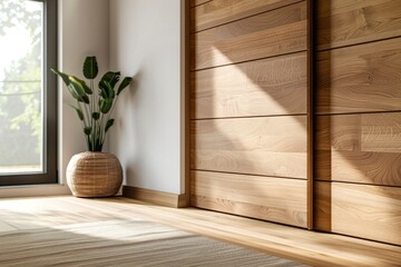 Warm sunlight bathes a minimalist oak wardrobe, showcasing the natural wood grain and serene ambiance of a modern home - obrazy, fototapety, plakaty