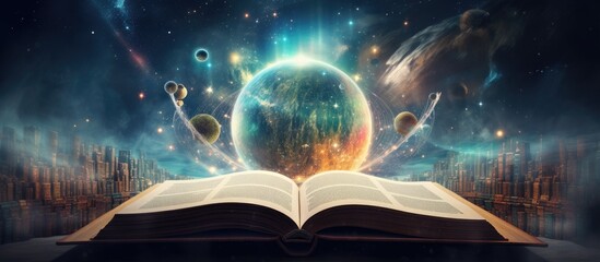 An open book set against a backdrop of a distant planet in space