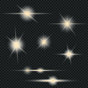 Sparkling stars, flickering and flashing lights. Set of different light effects on black background