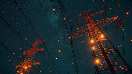 A striking depiction of electricity transmission towers standing tall against the sky - obrazy, fototapety, plakaty
