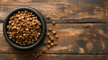 Top view of dry dog food in a bowl on a wooden background with empty space