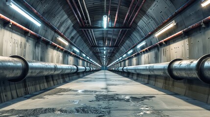 Obraz premium An empty underground corridor, meticulously designed with a drainage system and metal pipelines