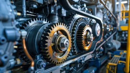 Fotobehang A close-up view of interlocking engine gear wheels © Chingiz