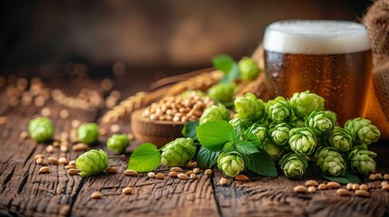 Bag of Green Hops With Glass of Beer - obrazy, fototapety, plakaty