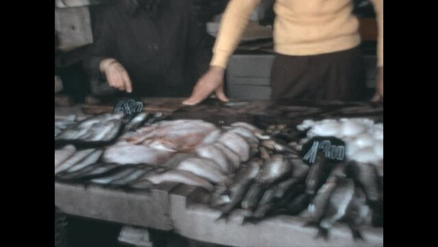 Fish Market in Italy 1972 - Fresh fish is for sale at a covered market in Italy, 1972. 