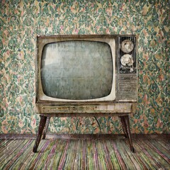 old tv against vintage wallpaper