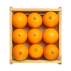 Top view of fresh oranges in wooden crate isolated on transparent or white background, png