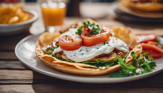 Dry pancakes with yoghut sauce, tomatoes and herbs, ai