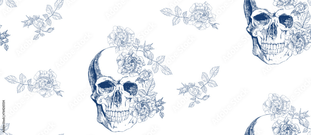 Wall mural vintage blue skull with roses flowers seamless pattern - Wall murals