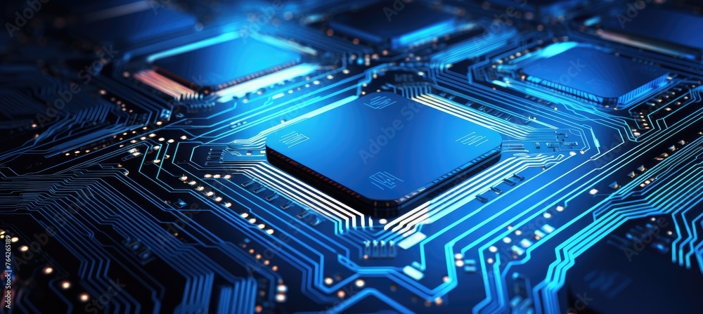 Fototapete Computer motherboard with CPU. Circuit board system chip with core processor. Computer technology background.