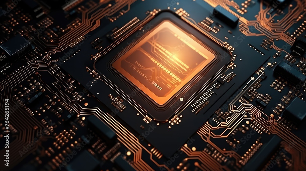 Fototapete Computer motherboard with CPU. Circuit board system chip with core processor. Computer technology background.