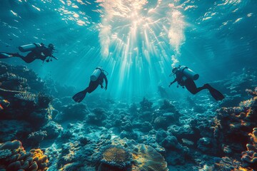 Three divers in wetsuits hover over a coral reef teeming with marine life, bathed in rays of sunlight