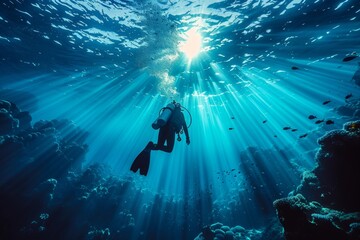 A lone diver is silhouetted against the stunning backdrop of sunlight filtering through the water - obrazy, fototapety, plakaty