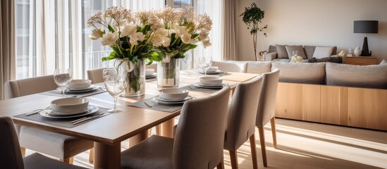 A dining table is set with white flowers and plates in a cozy living room setting