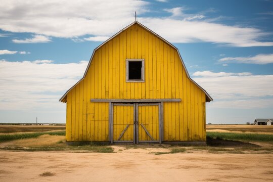 Yellow barn constructed on a farm in summer