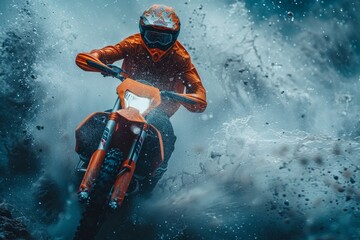 An intense motocross rider cuts through a splash of water with focused determination, showcasing dynamic motion and sport