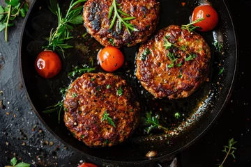 Foto op Canvas Organic beef hamburger patties with spices in a frying pan. Top view. © Lubos Chlubny