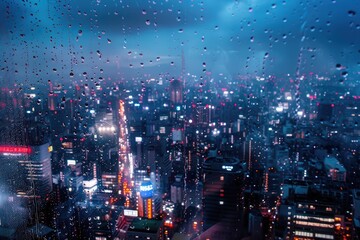 Fototapeta premium Rain drops on window with cityscape at night