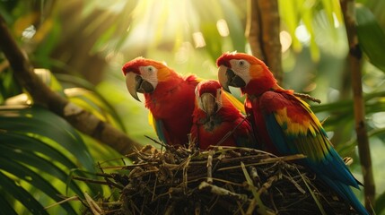An online broadcast setup with a video camera focused on a colorful parrot nest hidden within a lush tropical rainforest, showcasing the vibrant life cycle of these birds as they interact and feed