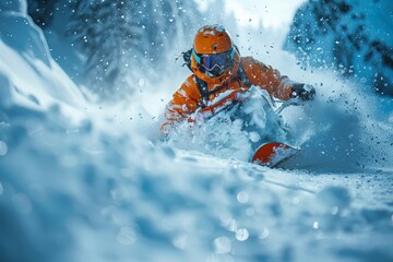 Fototapeta na wymiar A snowmobiler races through a thick cloud of snow powder, the vivid orange suit highlighting the high-speed wintry adventure