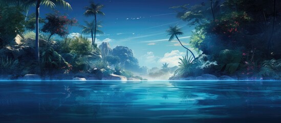 An artistic depiction of a lush tropical landscape featuring tall palm trees and a calm body of...
