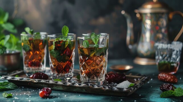 Moroccan tea in traditional glasses with mint, dates and sugar