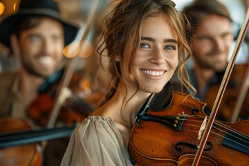 A vibrant image of a smiling female violinist with fellow musicians blurred in the background